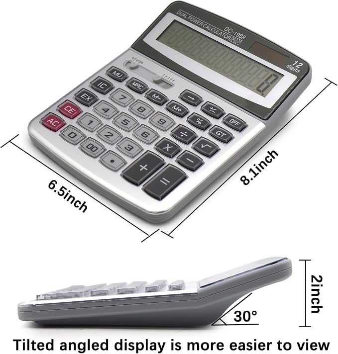 OFFIDIX Desk Office Calculator, 12 Digits Large Solar LCD Display ﻿ | Big Buttons Dual Power Solar Calculator, Desktop Calculators for Work, Business, Home and School