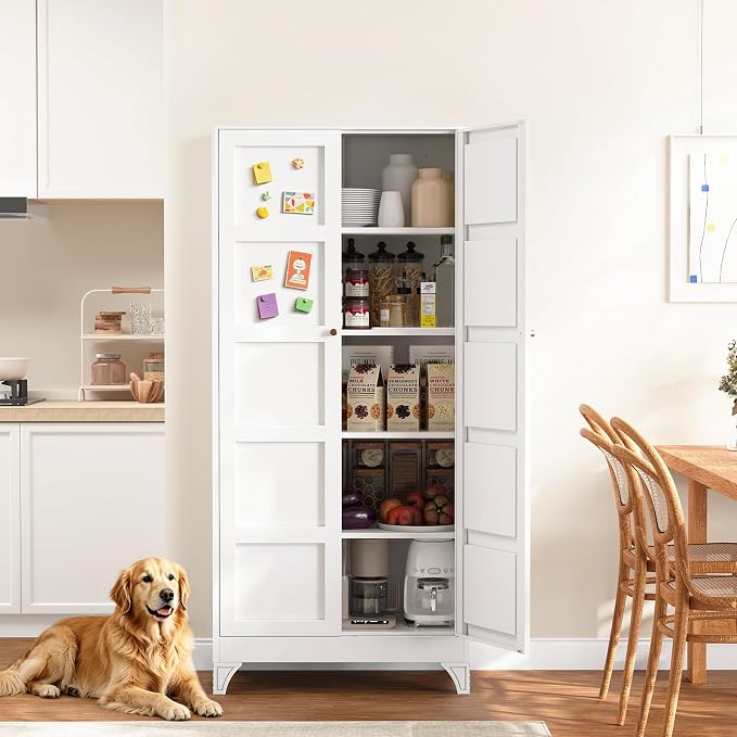 Metal Storage Cabinet with 2 Doors and 4 Adjustable Shelves,- 72" White Kitchen Pantry Storage Cabinet for Kitchen,Living Room,Dining Room