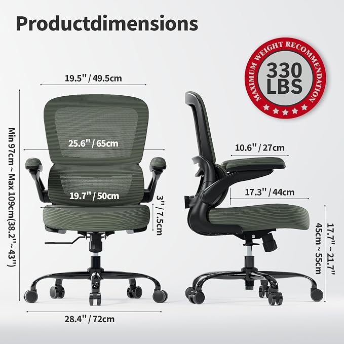 TRALT Ergonomic Office Chair Desk Chair with Adjustable Lumbar Support | Desk Chair Comfy with Flip-up Armrests Ergonomic Chair - Mesh Computer Chairs for Adults, 330lbs, PU Leather (Dark Green, 1)