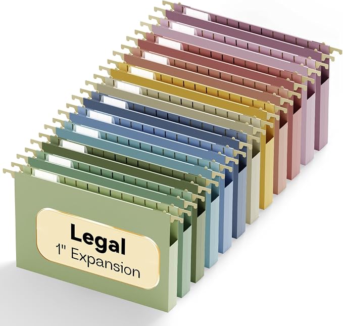 Plastic Hanging File Folders Legal Size,Heavy Duty 1" Expandable Filing Cabniet Folder with Tabs,12 Pack Sturdy Hang Folder for File Frame/File Box,Pastel Color Hanging File Organizer
