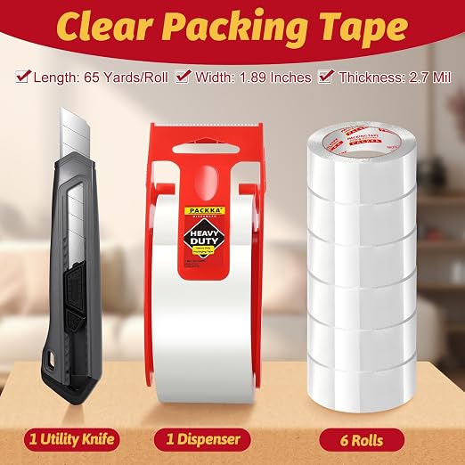 Heavy Duty Packing Tape for Moving Boxes and Packaging Supplies, 6/12/18/24 Rolls Clear Moving Tape with Dispenser and Utility Knife, 1.89in. X65yd, Mailing and Moving Supplies (12)
