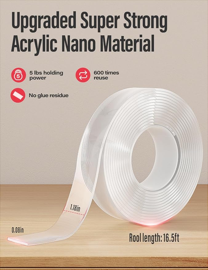 Double Sided Tape Heavy Duty Traceless Removable Washable Nano Gel Grip Tape, Clear Sticky Adhesive Mounting Tape for Home/Office/Car Decor/Wall Decor, Fix Carpet Mats