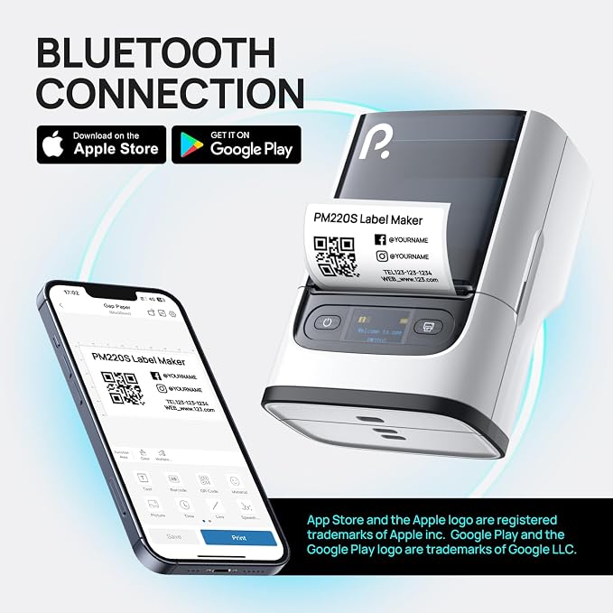 POLONO PM220S Bluetooth Thermal Label Maker, Portable Sticker Printer with 2'' x 1.18'' Label Tape, Easy to Use Label Machine for Home Office Business, Cream