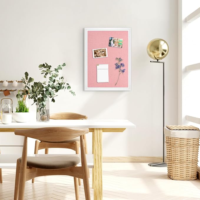 Large Wood Framed Cork Board with Linen, 36" x 24" (Pink) | Hanging Bulletin Board, Picture Display Vision Board Kit Corkboards for Wall Room School Office Decor, 10 Pushpins