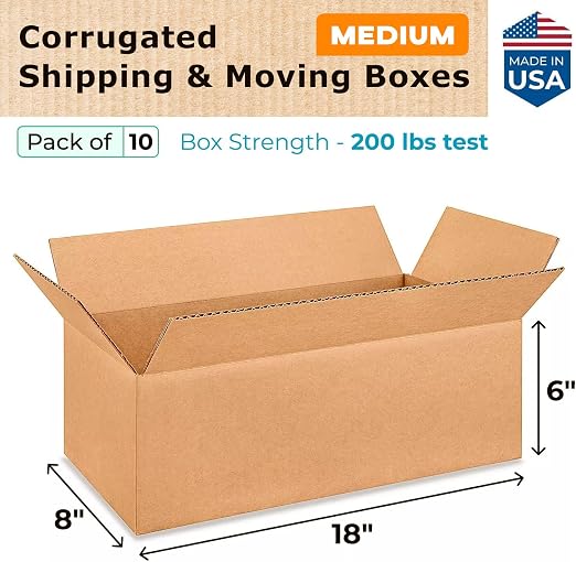 Medium Shipping & Moving Boxes 18x8x6 inches (10-Pack) - Extra Strength 200 lb vs Regular - Corrugated Packing Boxes for USPS/UPS/FEDEX - Cardboard Box for Moving - Carton Box by IDL Packaging | Extra Strength 200 lb vs Regular - Corrugated Packing Box...