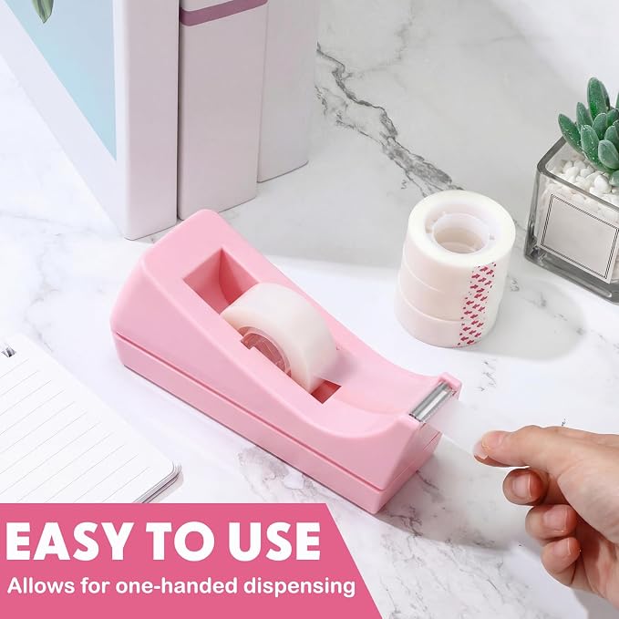 Yahenda 10 Pack Tape Dispenser, 20 Refills Weighted Non Skid,Pink | 0.7x985 Inch Invisible Tape Refills Included, Weighted Non-slip Base for Office Home School Desktop, Value Set for Wrapping