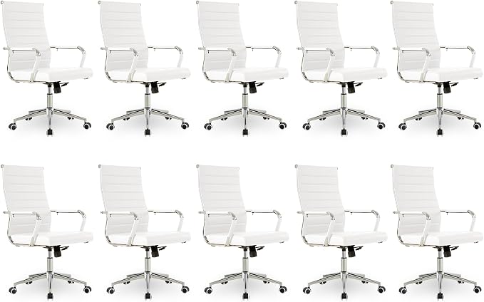 Okeysen Office Desk Chair, Ergonomic Leather Modern Conference Room Chairs, Executive Ribbed Height Adjustable Swivel Rolling Chair for Home Office Set of 12. (White)