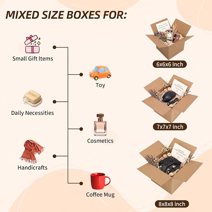 ZBEIVAN Shipping Boxes Mailers Assorted Sizes 8x8x8, 7x7x7, 6x6x6 inches Corrugated Cardboard Small Packing Kraft Moving Mailing Box, Pack of 30