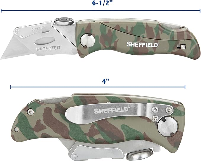 Sheffield Folding Utility Knife, Accepts Standard Utility Knife Blades, Box Cutter, Razor Blades Included, For Home, Office, Trades, and Warehouse