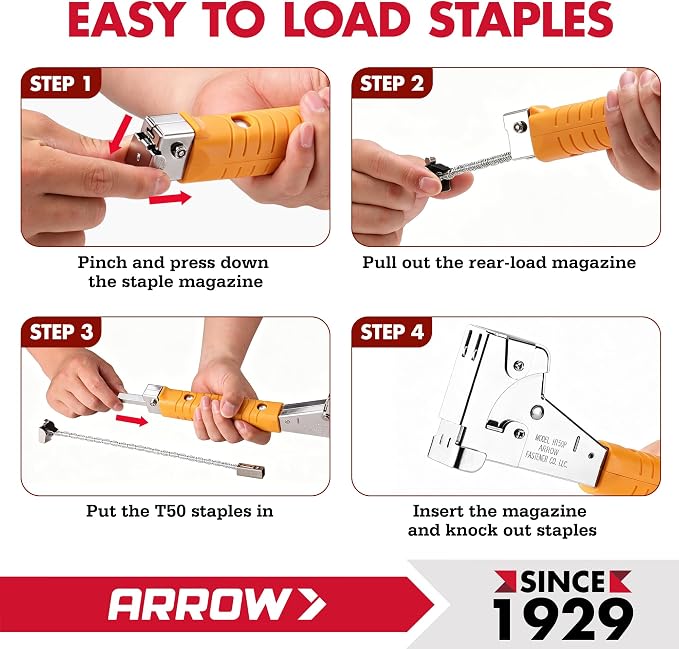 Arrow T50 Heavy-Duty Staple Gun, Manual Stapler | Chrome Steel, For Upholstery, Wood, Crafts, DIY and Professional Uses, Fits T50 1/4", 5/16", 3/8", 1/2" & 9/16" Staples