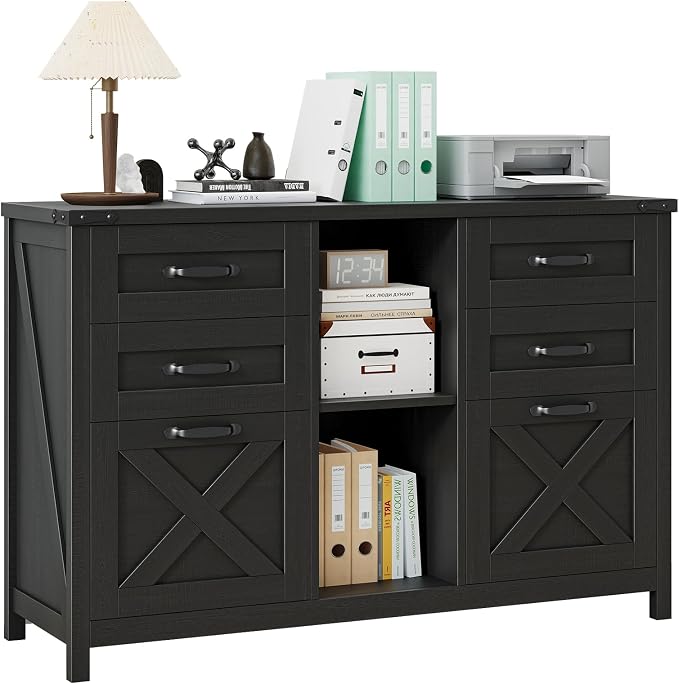 Halitaa Farmhouse Lateral File Cabinet with 6 Drawers, Rustic Black | Lateral Filing Cabinet for Letter/A4 Size Hanging File, Wood File Storage Cabinet Printer Stand for Home Office Cabinet