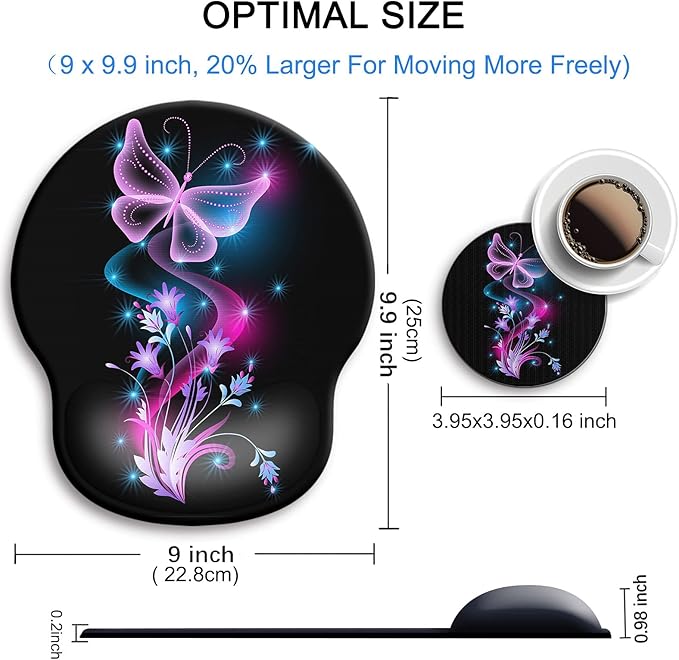 Ergonomic Mouse Pad with Wrist Support Rest,Large Mousepad Gel Wrist Rest, with Coaster Non-Slip & Pain Relief for Computer, Desk, Home&Office-Purple Butterflies