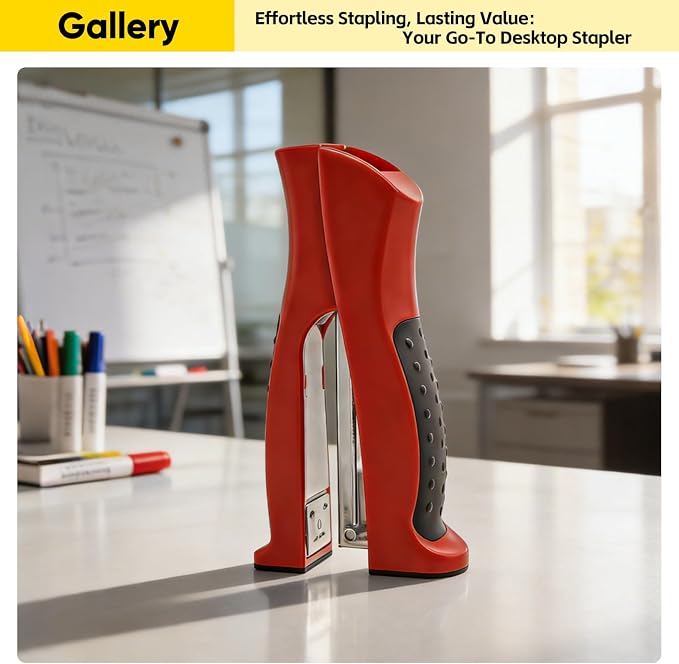 Stand-Up Stapler with 1000 Standard 1/4" Staples, Handheld Ergonomic Soft Grip 2-in-1 Vertical & Flat-Use Desktop Full Strip Stapler for Office, Home, School, Business, Classroom Supplies – Red