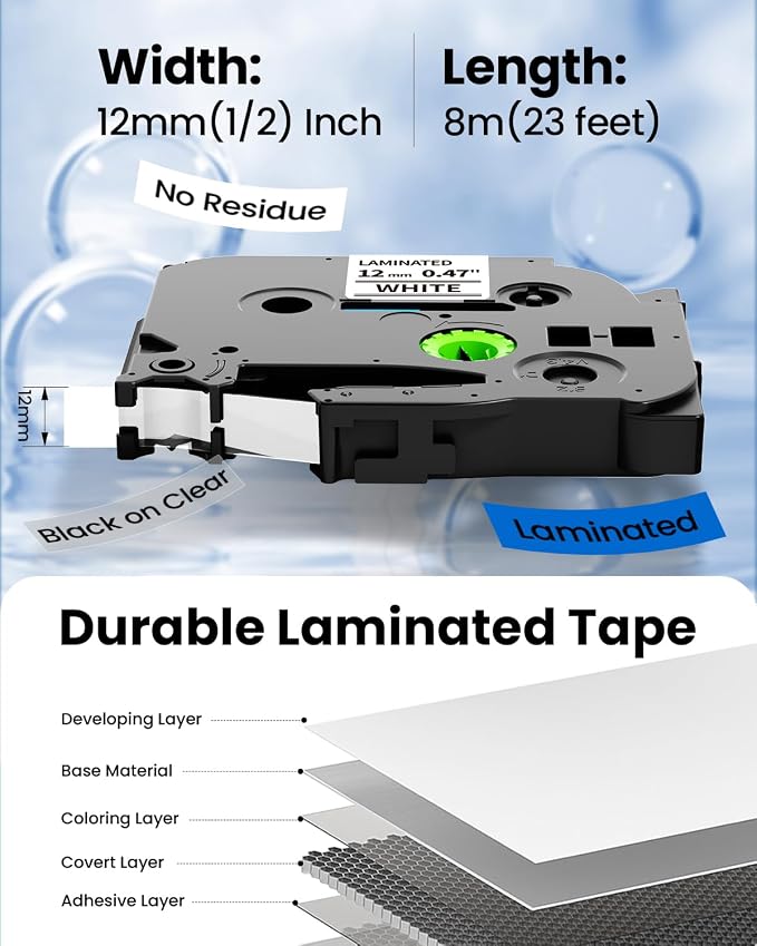 PT-D220 PTD210 PTD400AD PT-H111 PT-1750 Label Maker Tape 12mm 0.47 | Laminated Ptouch Label Tape Replacement for Brother TZ TZe Compatible with Brother P-Touch Refills 1/2 Inch x26.2 Ft, 6 Pack