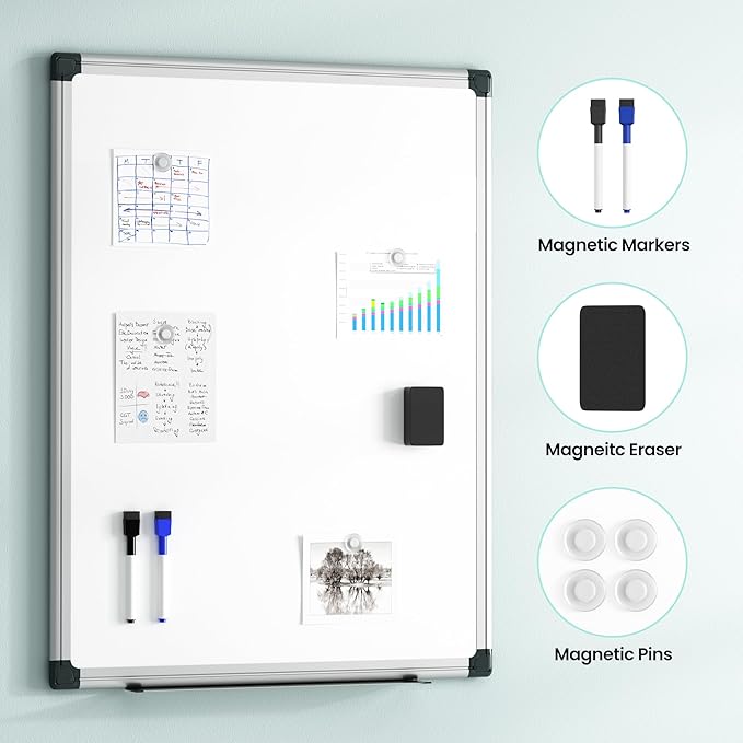 VUSIGN Magnetic Dry Erase Board for Wall, 24" x 18" Magnetic Whiteboard with Eraser, Markers, Magnets, Pen Tray, Marker Board for Home, Office, Students, Silver