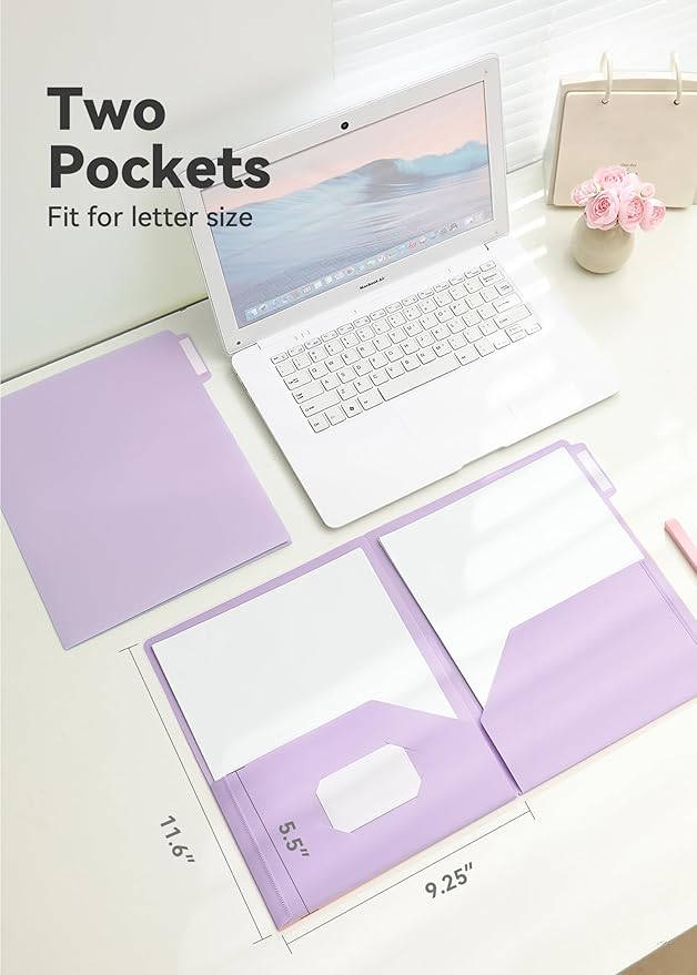 Plastic Folders with Pockets, 6 Pack Purple Folders for School, Unique 1/3 Cut Tabs with Colorful Labels, Letter Size