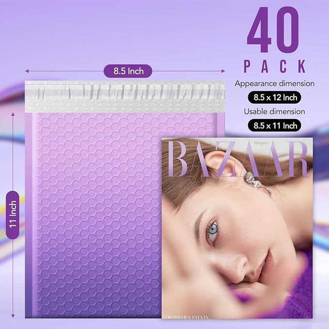 Fuxury 40 Pack Thick Bubble Mailers 8.5x12 Gradient Purple Bubble Envelopes | Usable Size 8.5x11" Cute Design Cushion Mailer for Small Business Mailing Books Clothes Makeup Supplies