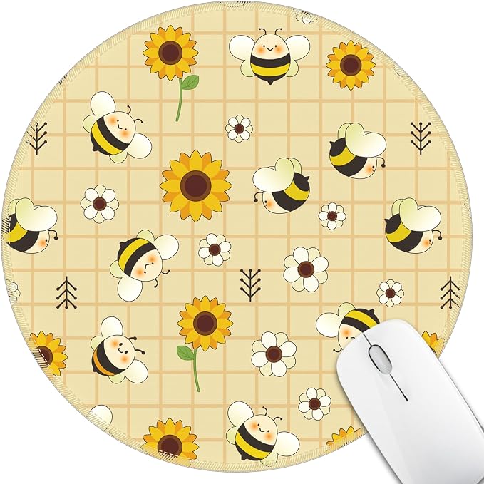 Hancynir Floral Bee Round Mouse Pad, Small Mousepad for Laptop Desk Office | Mouse Mat for Computer, Non-Slip Rubber Base, Office Desk Decor, Gifts for Work Coworker Teacher, 8.6 Inch, Stitched Edges
