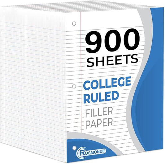 6 Pack Loose Leaf Paper, 900 Sheets, College Ruled Filler Paper | Bulk Office Filler Paper, 8" x 10.5", 3 Hole Punched, 150 Sheets/Pack, College Ruled Notebook Paper for Binder, White