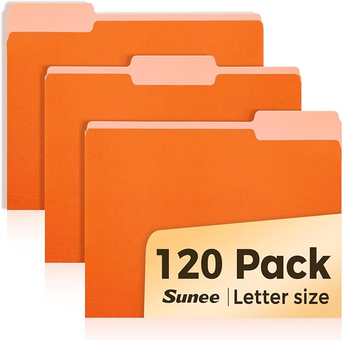 SUNEE File Folders, 120 Pack Manilla Folders 8.5 x 11, 1/3 Cut Tab for Easy Labeling and Organization, Durable Standard Paper for Home, Office, School Filing, Orange