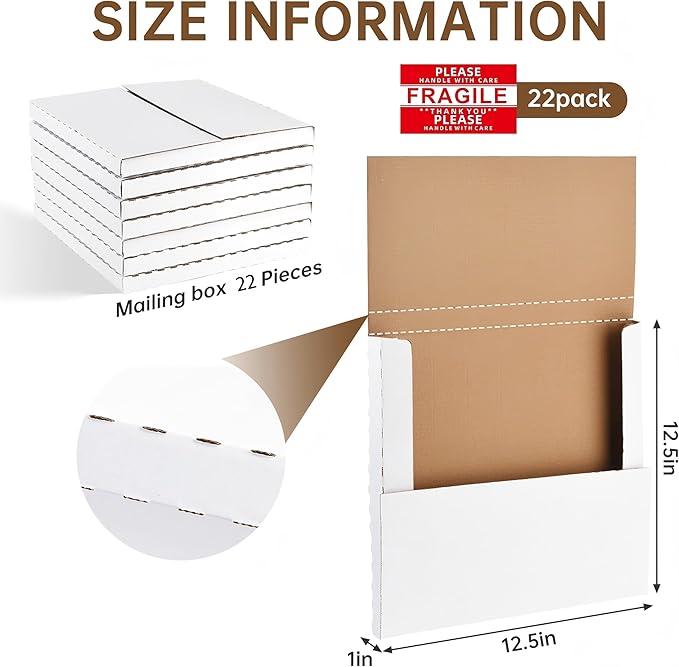 22-Pack Vinyl Record Mailers - 12.6x12.6x1 Inch Vinyl Record Shipping Boxes for LP Records, Photos & Stamp Collection (22) Vinyl Mailers