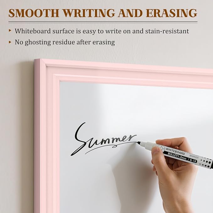 White Board for Wall, 36'' x 24'' Magnetic Dry Erase Board, Pink | Wooden Frame, Decorative Whiteboard, Wall Mounted, for Home, Office, Kitchen, Dorm, 4 Markers, 6 Magnets, A Eraser
