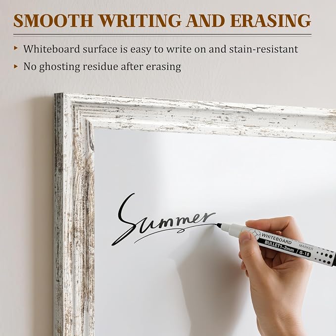 White Board for Wall, 24'' x 18'' Magnetic Dry Erase Board, Rustic | Wooden Frame, Decorative Whiteboard, Wall Mounted, for Home, Office, Kitchen, Dorm, 4 Markers, 6 Magnets, A Eraser