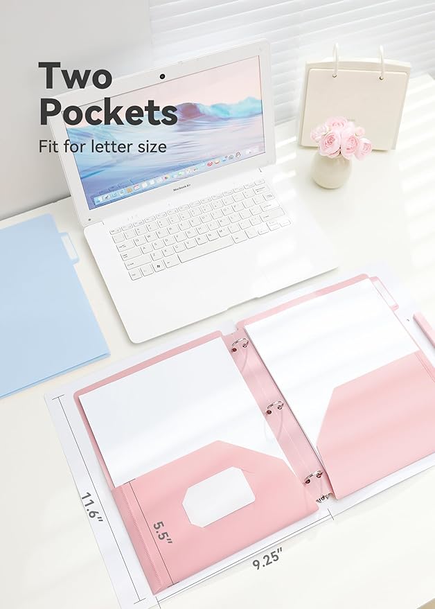 Plastic Folders with Pockets, 3 Hole Punched for 3 Ring Binder, 1/3 Cut Index Tabs for Quick Find, Pastel 6 Pack, Letter Size for School, Colorful Labels