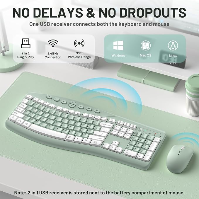 Wireless Keyboard and Mouse Combo Silent Ergonomic Curved Design for Office
