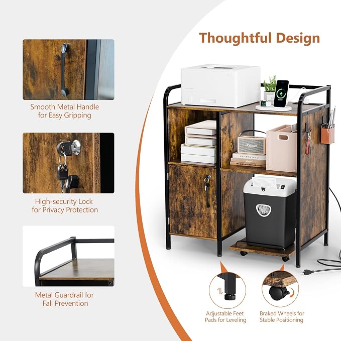 VINGLI Multifunctional Printer Stand with Trolley, Paper Shredder Stand Rack with Wheels, Lateral Office Storage Cabinets with Socket and USB Charging Port, Open Shelves for Home Office, Rustic Brown
