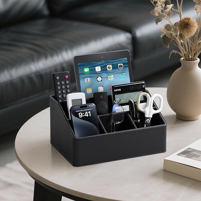 PU Leather Desk Organizer, Remote Control Holder, Black | Luxury Nightstand Organizer for Home, Office Desk Accessories, Bedside Table Caddy with 5 Compartments, Velvet Lining