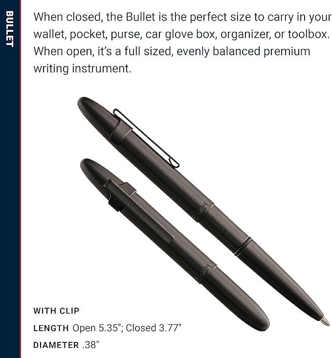 Fisher Space Pen Matte Black Bullet Pen, Pressurized Ballpoint Pen, Compact Size, Writes Upside Down, Extreme Temperatures, Smooth Black Ink, Medium Point, Pocket Clip, Gift Box, Made in the USA
