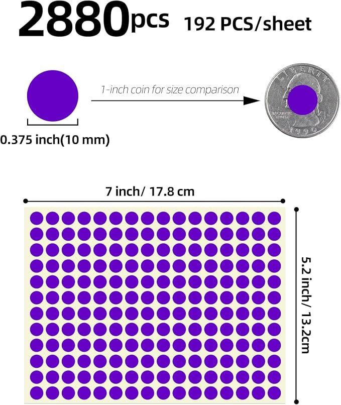 3/8" Small Colored Dot Stickers 2880 PCS Round Circle Stickers Tiny Purple Coding Labels Mini Sticker for Office,Classroom (Purple, 3/8" (10 mm))