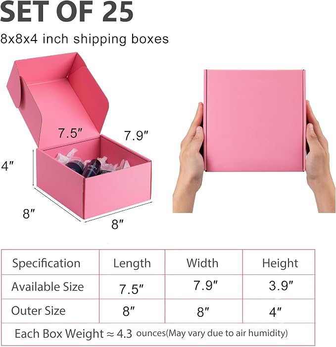 8x8x4 inch Pink Shipping Boxes for Small Business- Set of 25 | Sturdy ECT 32 Corrugated Cardboard Mailer Boxes, Easy Assemble for Packaging, Mailing, Gift