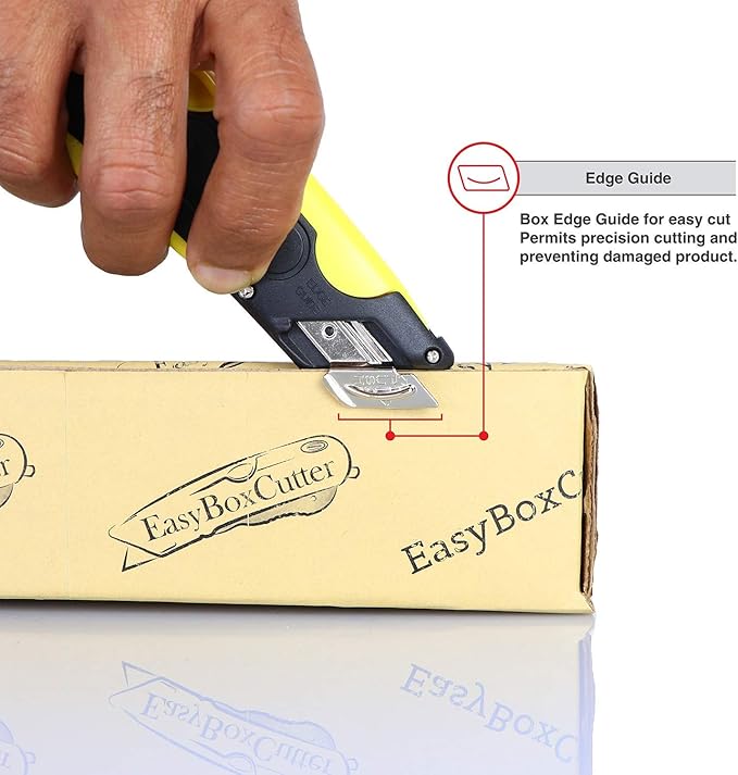 Modern Box Cutter, extra tape cutter at back, dual side edge guide, 3 blade depth setting, 2 blades and holster - Yellow Color 2000 STD