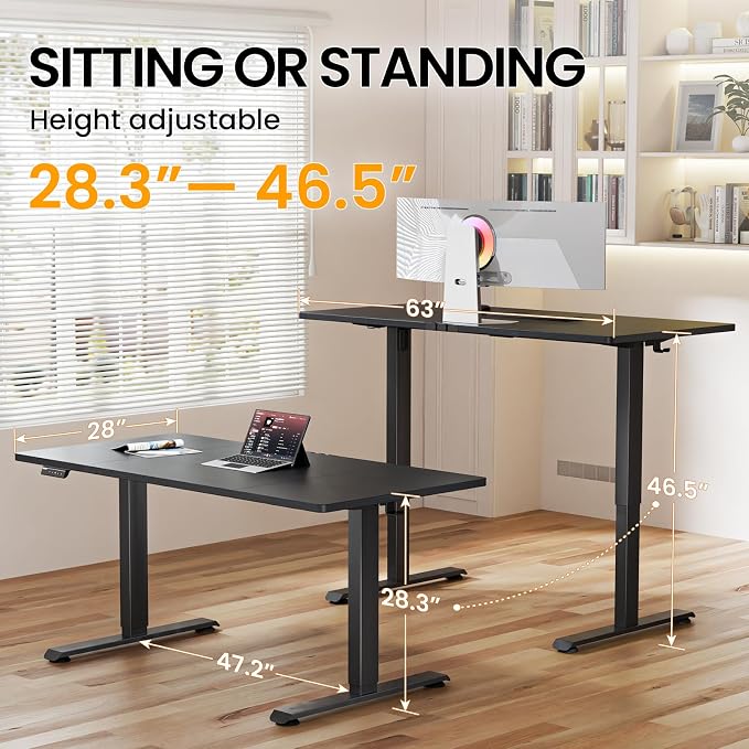 Veken 63" x 28" Super Large Standing Desk, Conference Room Tables, Black | Height Adjustable Electric Computer Desk, Sit to Stand Up, Modern Workstation for Home Office, Writing, Gaming Study
