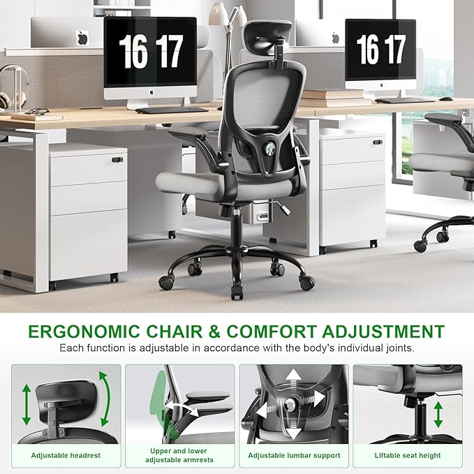 Ergonomic Office Chair - Adjustable Lumbar Support and Headrest, High Back Desk Chair with Flip-Up Arms for Home Office, 90-120° Tilt & Swivel Rolling Task Chair (Grey6076)