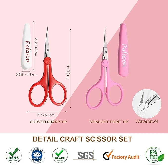 PAFASON Sharp Point Craft Scissor Set 2 PC Straight Curved for Scrapbooking Quilting DIY Sewing Knitting Embroidery Cross Stitch Crochet Thread Yarn Paper Detail Cutting Stainless Steel Safety Case