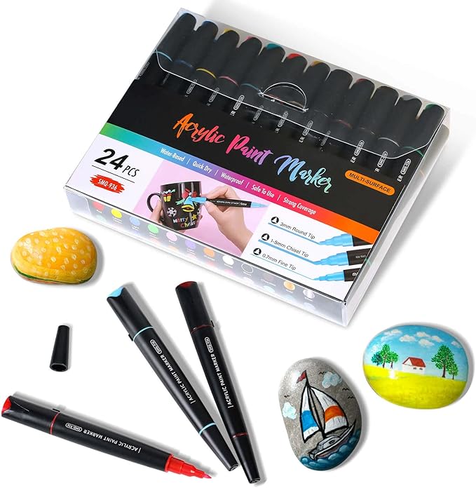 24 Colors Three Tips Acrylic Paint Markers, Fine Medium Chisel Tip Acrylic Paint Pens for Rock Painting, Wood, Canvas, Ceramic, Fabric, Arts and Crafts for Adults