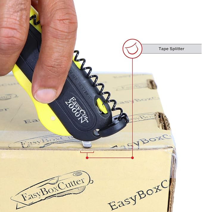 Modern Box Cutter, extra tape cutter at back, dual side edge guide, 3 blade depth setting, 2 blades and holster - Yellow Color 2000 STD