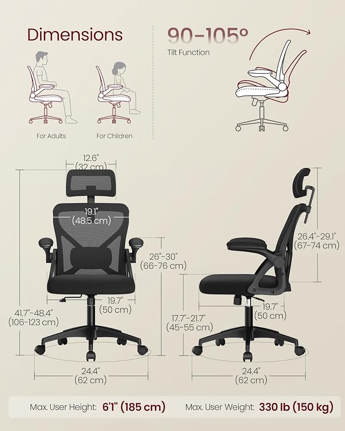 VASAGLE Ergonomic Mesh Office Chairs with Adjustable Lumbar Support and Headrest, 90-105° Tilt Function, Wide Seat, Flip‑Up Armrests, Computer Desk Chairs for Home Office, Set of 2, Ink Black
