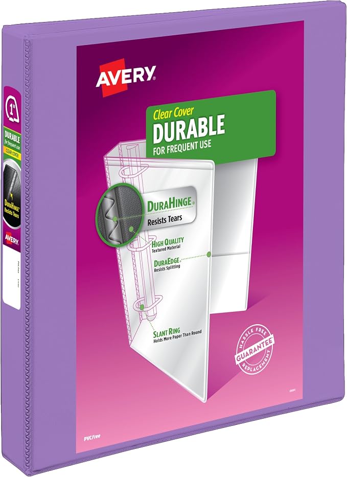 Avery Durable View 3 Ring Binder, 1" Slant Rings, 1 Lavender Binder | For Daily School, Home and Office Use, DuraHinge Tear-Resistant Spine, DuraEdge Split-Resistant Edges, Clear Overlays