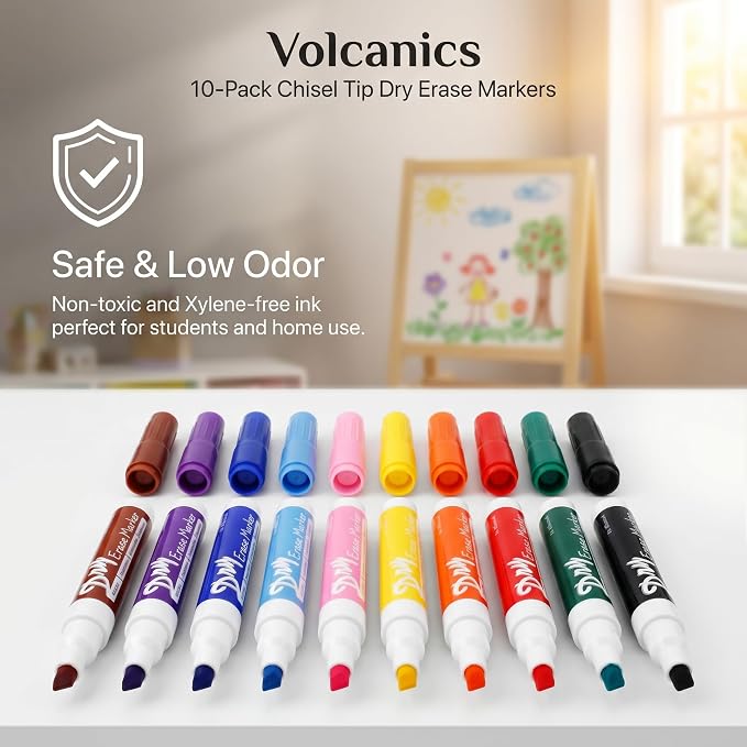 Volcanics Dry Erase Markers, Chisel Tip, 10 Colors, 10 Pack, Low Odor | Whiteboard Markers, Dry Erase Pens, Easy Erase for Whiteboards, Glass, Calendars, Office, School, Home