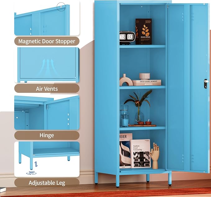 Metal Locker Storage Cabinets 59.06"H Sky Blue Locking File Cabinets Kitchen Food Pantry Cabinet with 2 Doors and Shelves for Dining Room, Living Room,Bathroom Office,Home,Garage, Gym, School