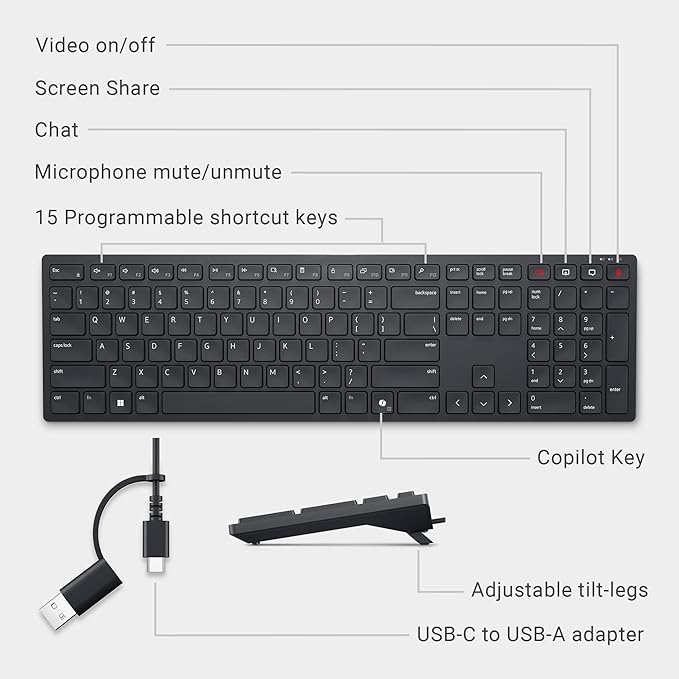 Dell KB525C Wired Collaboration Keyboard - USB-C & USB-A Versatile connectivity, 15 Programmable Shortcuts Keys, Collaboration Keys - Zoom & Microsoft Teams, Copilot Key, Silent Keys - Black
