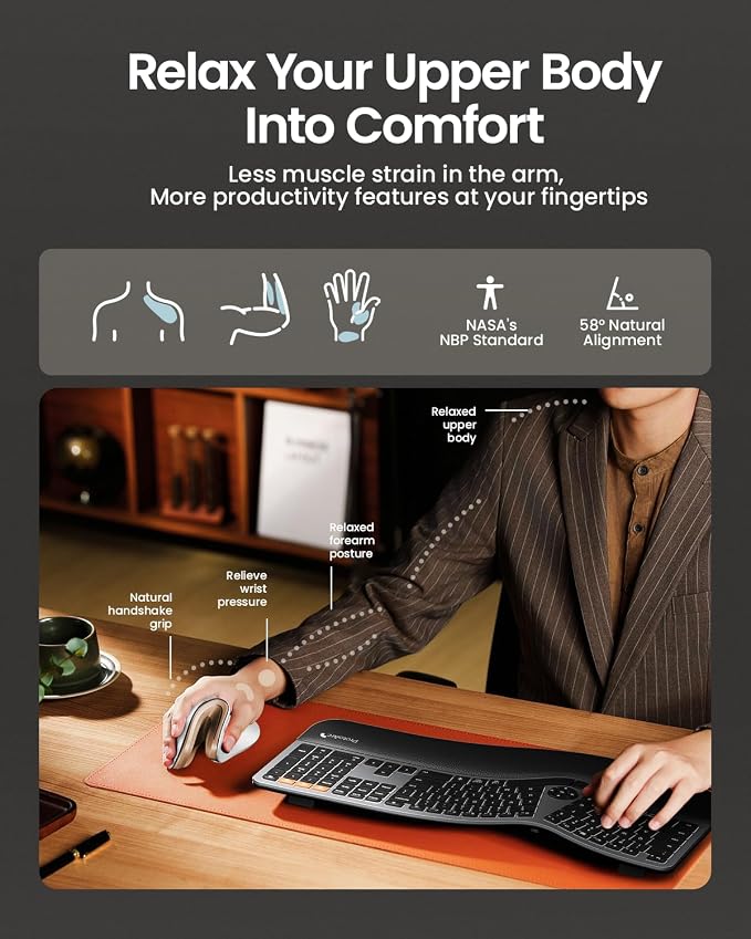 ProtoArc EM11 NL Wireless Ergonomic Mouse, Rechargeable, White Gold | 58° vertical design supports a natural wrist posture, connect 3 devices via Bluetooth/2.4G USB-A, 500mAh USB-C rechargeable.