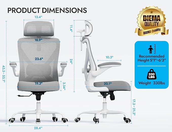 Ergonomic Office Chair: Mesh Desk Chair Comfy with Headrest& Lumbar Support | Ergalithic Big and Tall Office Chairs with Wheels & Flip-Up Arms-Computer Gaming Chairs for Adults Home Office Chairs(Grey)