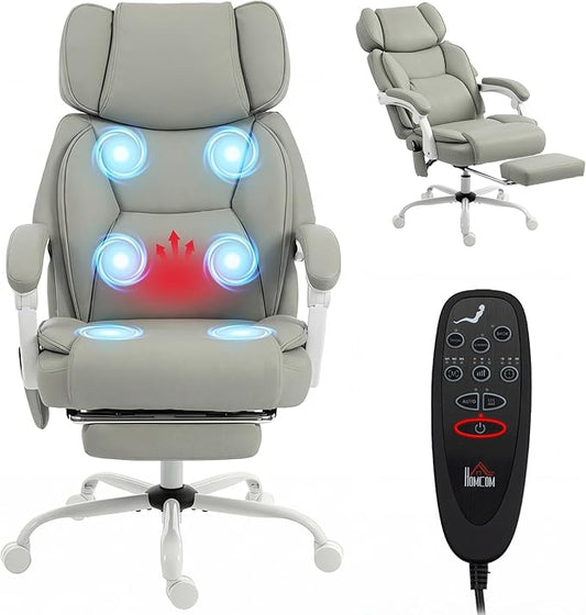 HOMCOM Massage Office Chair with Lumbar Heat, Ergonomic Executive Desk Chair with Adjustable Headrest, 6 Points Vibration, High Back, Reclining, Padded Armrests, Footrest, PU Leather, Light Gray
