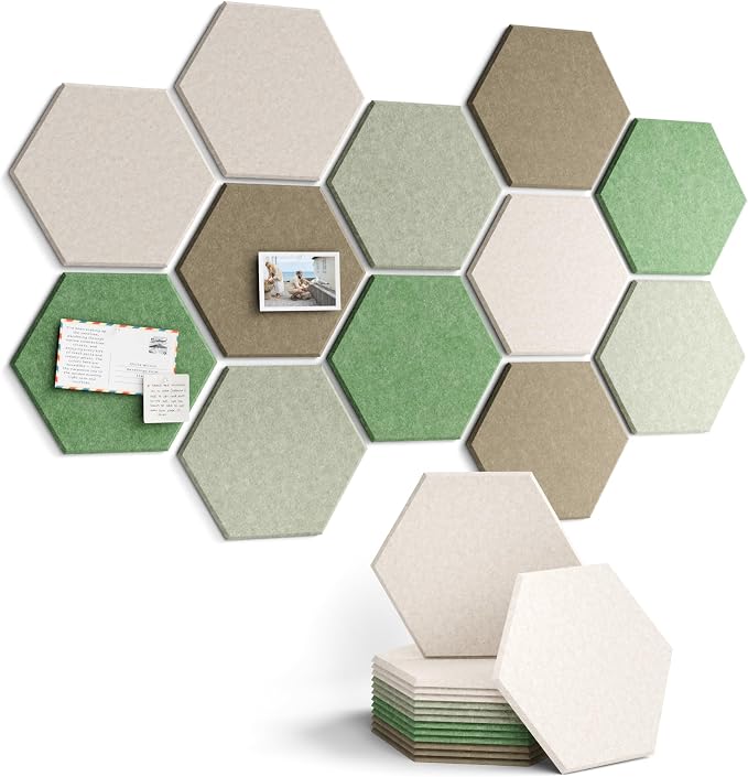 Fluxynara 12-Pack Hexagon Felt Bulletin Board Tiles, Moss Haven | Cork Board Alternative with 60 Adhesive Tabs for Notes, Photos and Reminders in Home Offices, Dorm and Classrooms