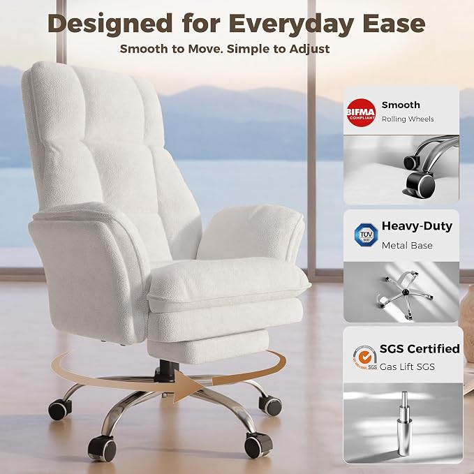 Big and Tall Office Chair, Flip Armrests for Pets & Cross Legged Sitting | Executive Ergonomic Computer Gaming Chair with Foot Rest, Teddy Fleece Wide Seat Reclining Desk Chair, White Vanity Chair